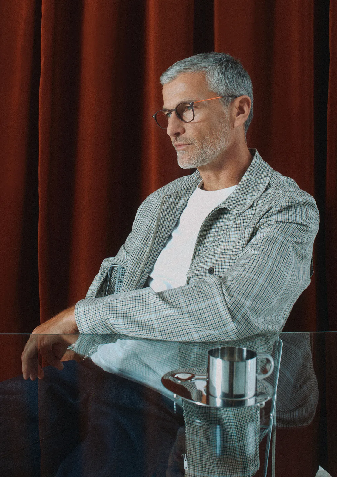 Man wearing Owen Light Havana prescription glasses, AW26 collection